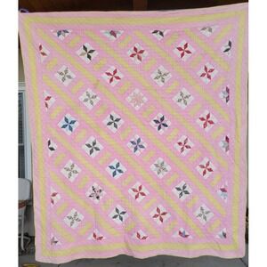 Vintage Friendship Star Quilt Hand Quilted Pink Yellow Patchwork 64x75 Cottage